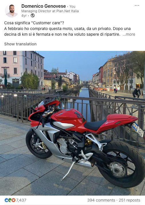 MV Agusta LinkedIn post